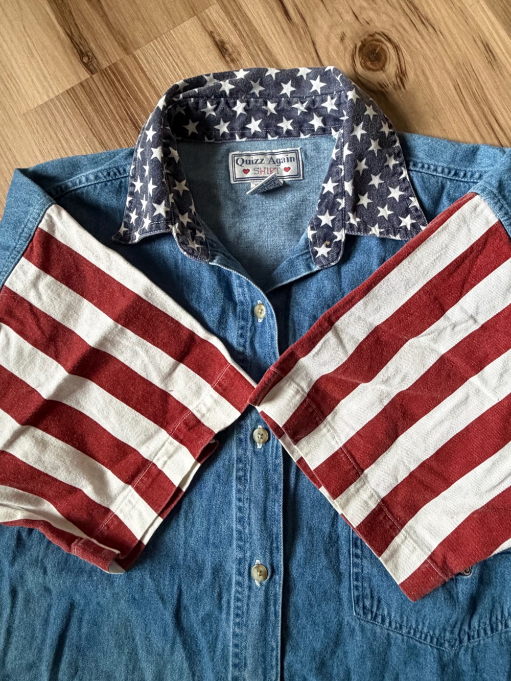 Vintage 90s Quizz Again Shirt Flag 4th July Button USA Teddy Embroidered Size S